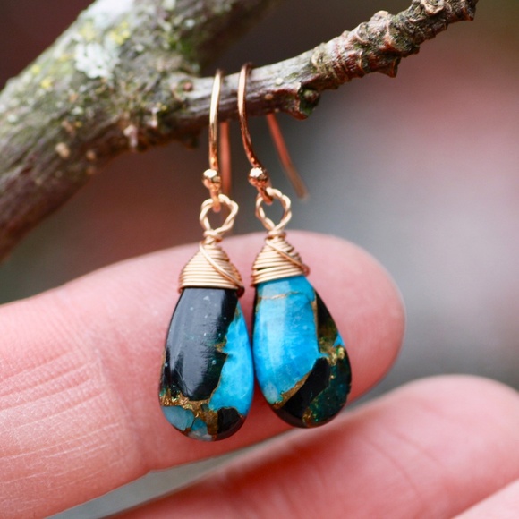 Natural Obsidian Copper Turquoise Earrings Handmade 14k Rose Gold Filled - Picture 8 of 12